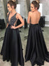A Line Black V Neck Satin Prom Dress with Beaded LBQ3152